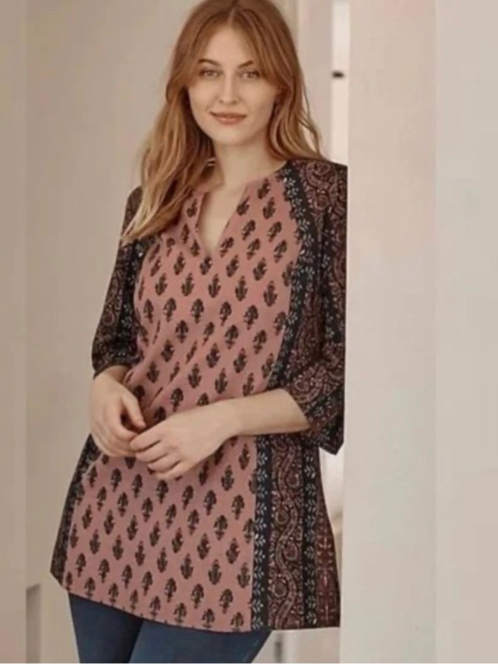 J. Jill Pure Folkloric Stamped Tunic Top Linen Blend Pink Paisley S Petite